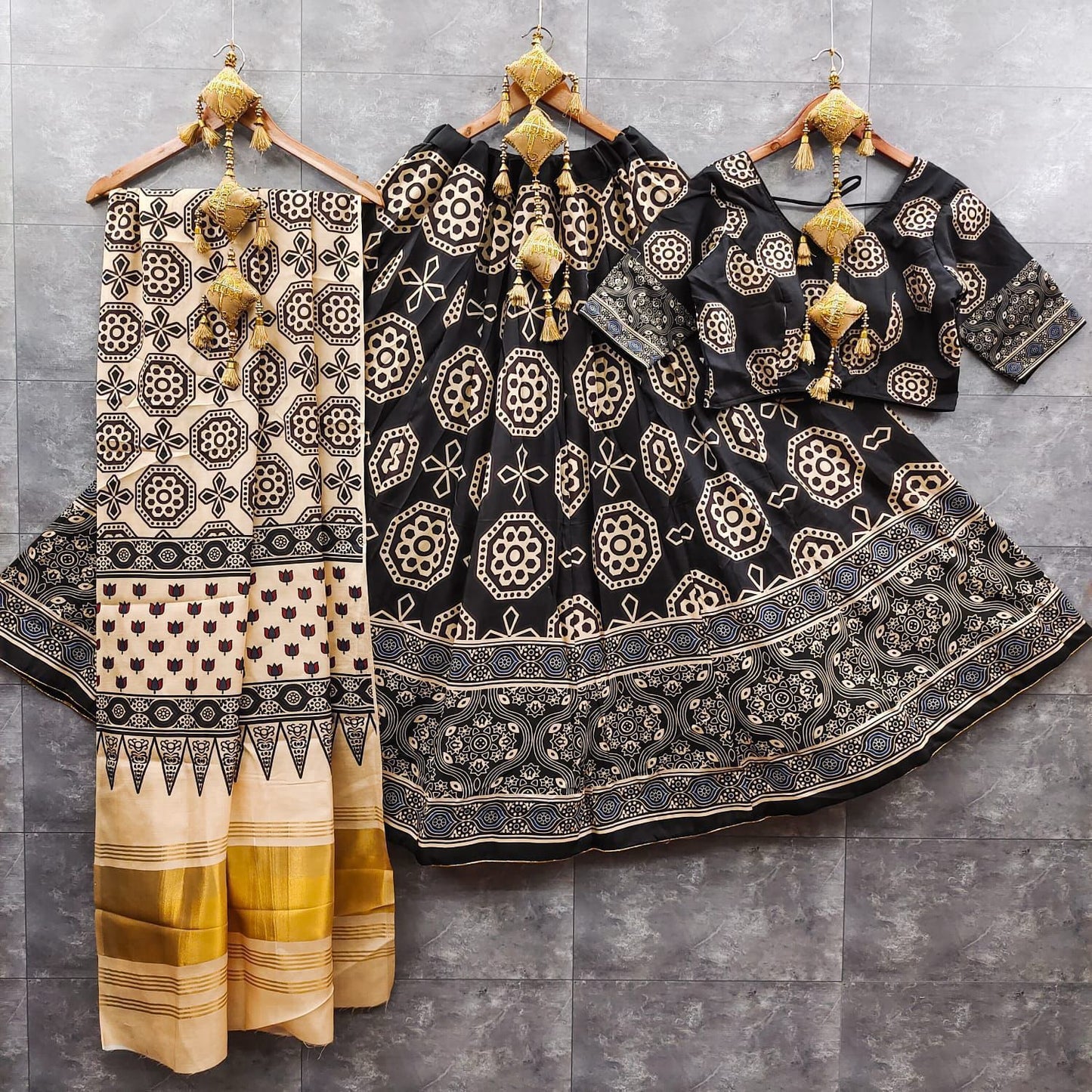 gaji modal lagdi patta duppata and ajrak choli   New arrivals   Maslin silk lehnga