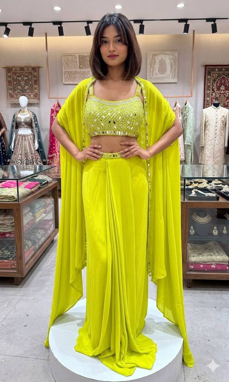 THIS WEDDING SEASON WEAR OUR BEAUTIFUL 3 PIECE WITH REAL MIRROR WITH  EMBROIDERED BLOUSE, SKIRT AND LONG SHRUGE