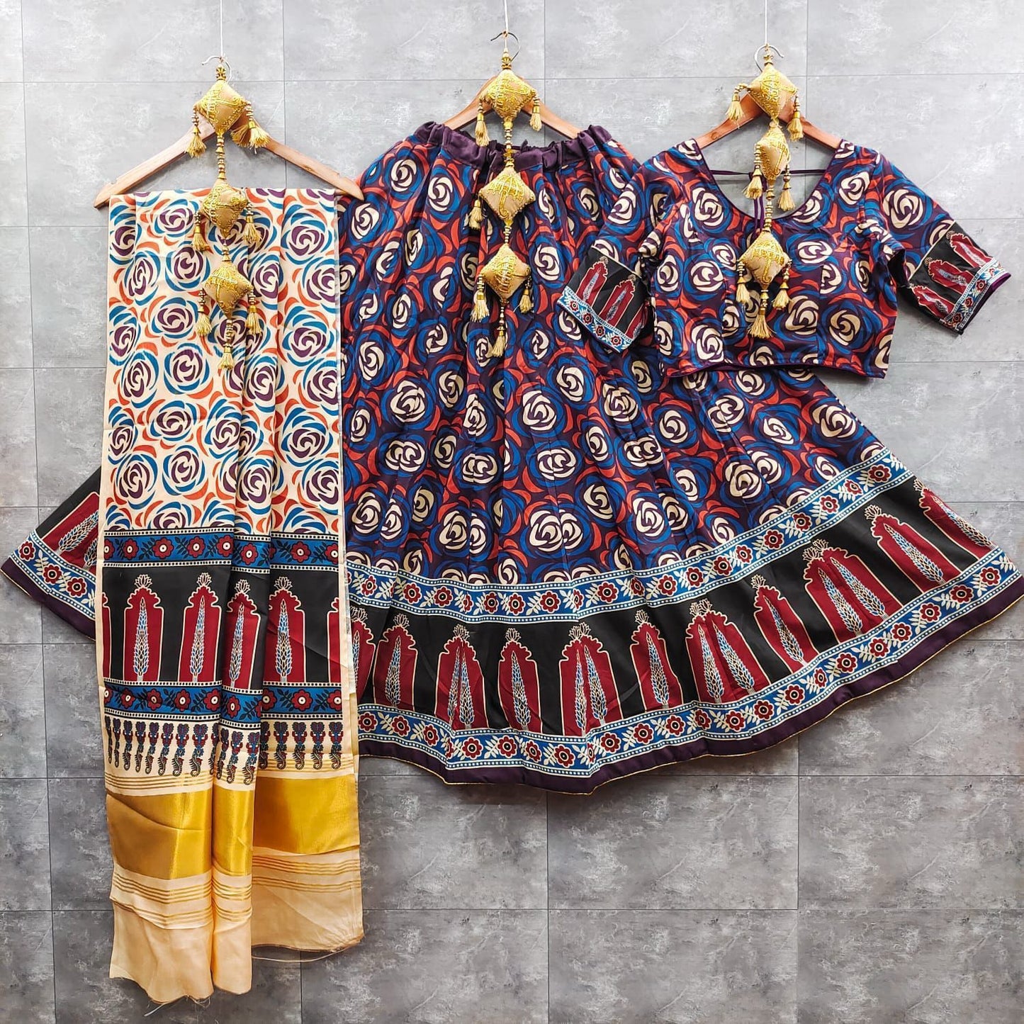 gaji modal lagdi patta duppata and ajrak choli   New arrivals   Maslin silk lehnga