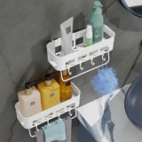 Bathroom Storage Shelf Wall Mounted Self Adhesive No Drill with Hooks | Waterproof Plastic Organizer Rack for Shower & Kitchen (White, Pack of 1)