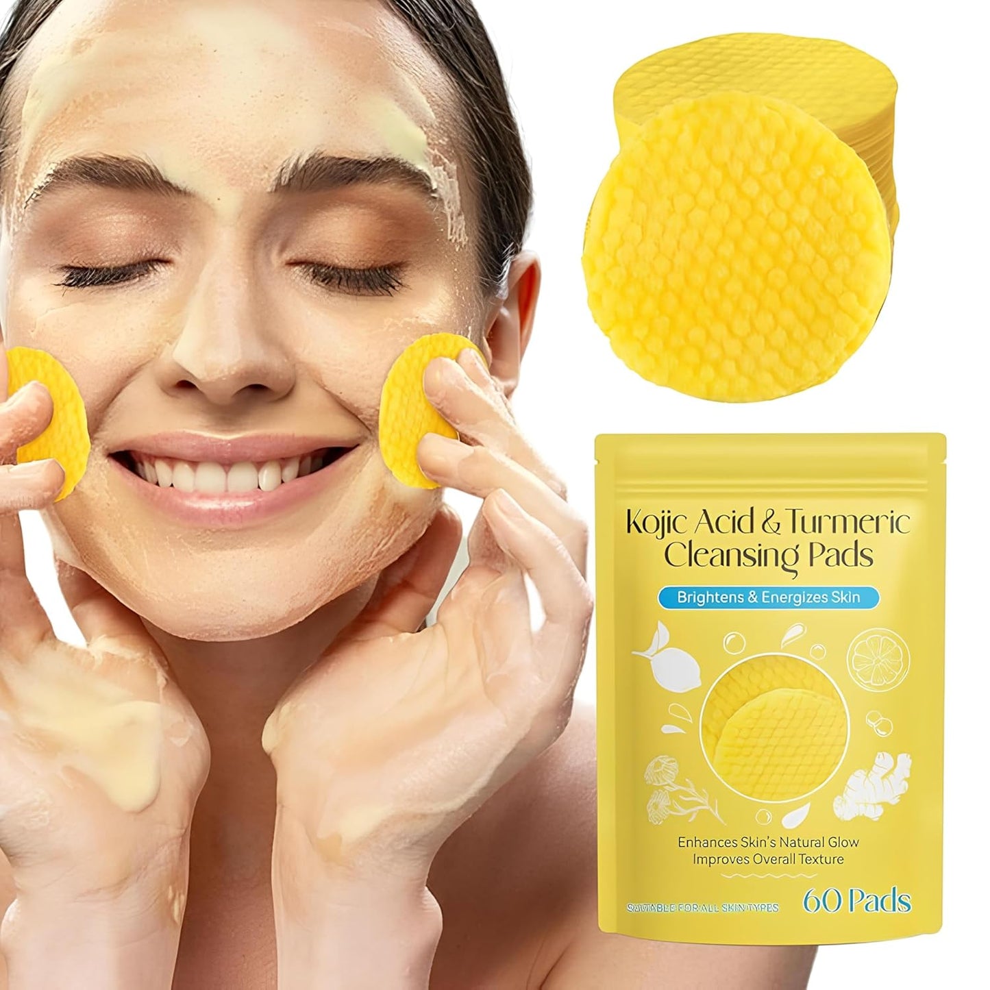 RIHETI Kojic Acid & Turmeric Cleansing Pads – 60PCS | Vitamin B5, Vitamin C, Lemon & Chamomile Infused Foaming Exfoliating Pads for Face | Natural Skin Brightening, Pore Cleansing & Makeup Removal