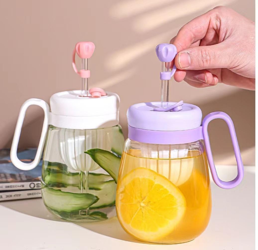 Glass Tumbler with Fruit Infuser Lid & Straw, Portable Summer Drink Cup for Juice, Tea, Detox Water & Milk Tea | Leakproof Handle Mug for Girls, Travel & Daily Hydration (Multicolor) (1)