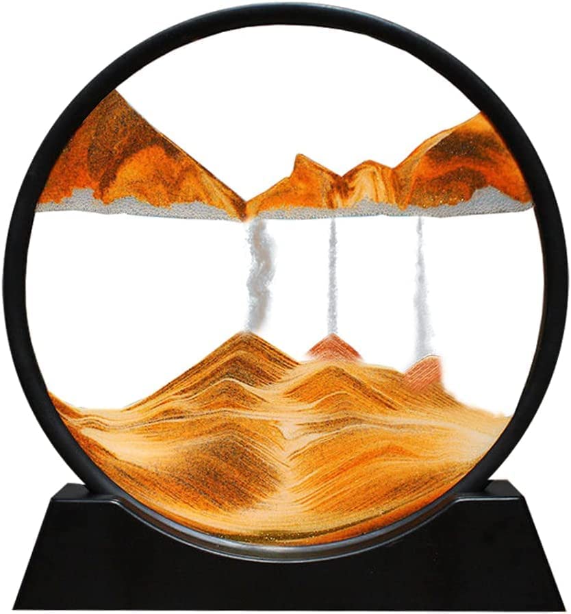 MOROVIK 3D Yellow Dynamic Sand Art Liquid Motion,Moving Sand Art Picture Round Glass 3D Deep Sea Sandscape in Motion Display Flowing Sand Frame Relaxing Desktop Home Office Work Decor (7 in) (Yellow)