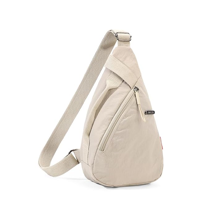 PALAY® Chest Bag for Women Men Fashion Nylon Lightweight Shoulder Bag Front Back Sling Shoulder Bag Zipper Pouch Day Bag with Handle Casual Beige Chest Bag for Hiking, Work