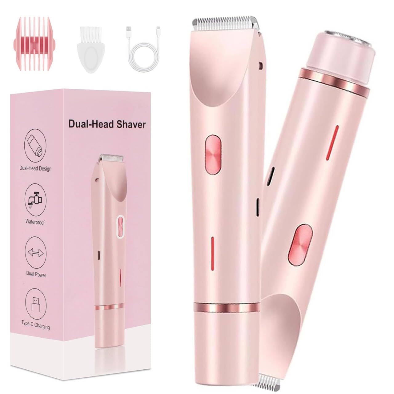 Portable Women’s Electric Shaver & Trimmer – Dual Head Hair Remover for Face, Bikini, Underarms & Legs, USB Type-C Rechargeable, Painless, Waterproof, Pink