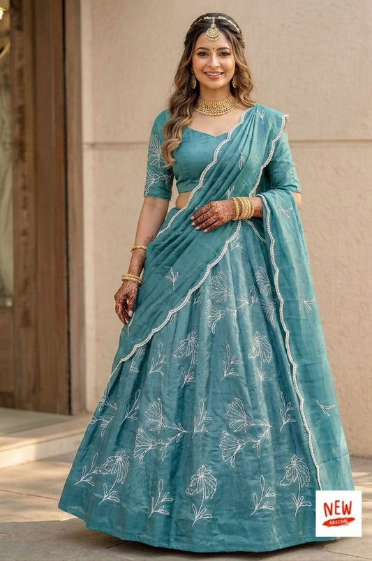 mul chanderi fabric   Lehnga :: mul chanderi fabric with zari &  thread &  sequnce work in lehnga with string with canvas with lining