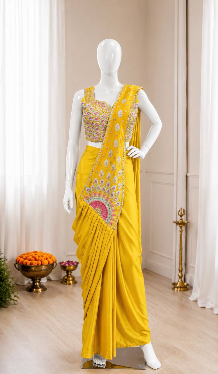 Get festive ready in our new Trending Stylish Ready to Wear Saree set  With Embroidery Work detailing.