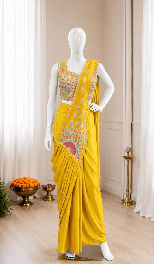 Get festive ready in our new Trending Stylish Ready to Wear Saree set  With Embroidery Work detailing.
