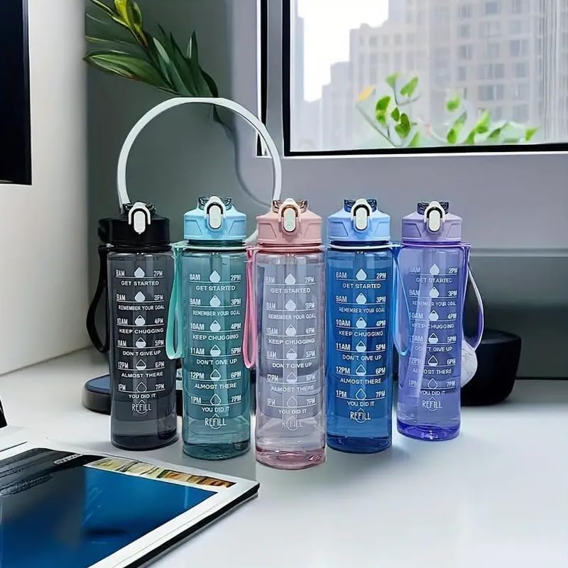 Transparent Motivational Water Bottle 900ML with Time Marker, Leakproof BPA Free Sipper Bottle for Gym, Office, School & Outdoor Use