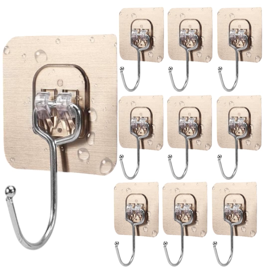 Pack of 10 Self Adhesive Large Hooks for Wall, Nail Free Stainless Big Hooks for Wall Without Drilling | Reusable & Transparent wall Hooks for Hanging Strong 5kg | Heavy Duty Wall Hooks