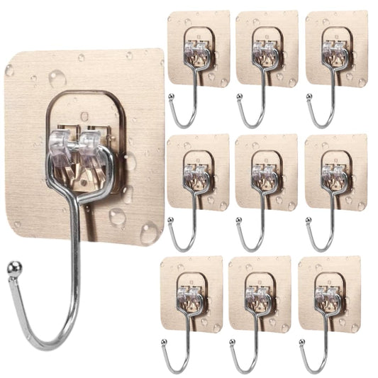 Pack of 10 Self Adhesive Large Hooks for Wall, Nail Free Stainless Big Hooks for Wall Without Drilling | Reusable & Transparent wall Hooks for Hanging Strong 5kg | Heavy Duty Wall Hooks