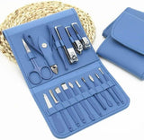 16 in 1 Manicure Kit for Women. Pedicure Tools for Feet, Nail Care Tools. Nail Clipper, Nail Scissor, Acne Needle, Blackhead Tool, Acne Remover Needle. Stainless Steel. Luxury Grooming Kit. Professional. Blue Leather Travel Case