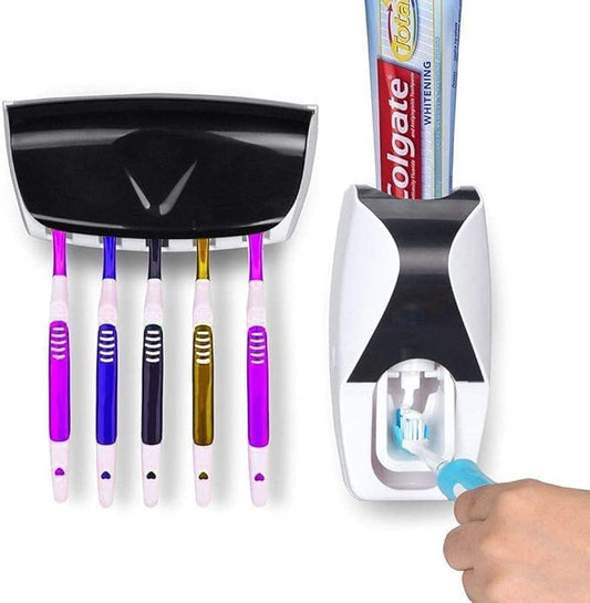 Automatic Toothpaste Dispenser and 5 Toothbrush Holder Fresh ABS Plastic Dust-Proof Wall Mounted with Cover Storage Stand for Home Bathroom (Multi Colors)