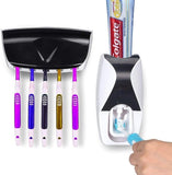 Automatic Toothpaste Dispenser and 5 Toothbrush Holder Fresh ABS Plastic Dust-Proof Wall Mounted with Cover Storage Stand for Home Bathroom (Multi Colors)
