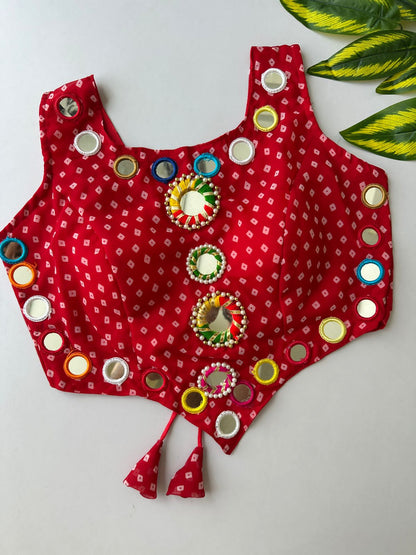 presenting new Navratri concept blouse with real hand mirror work*  Design name :- Navratri :21   FABRIC:-- Pure Georgette Bandhani with heavy mirror work
