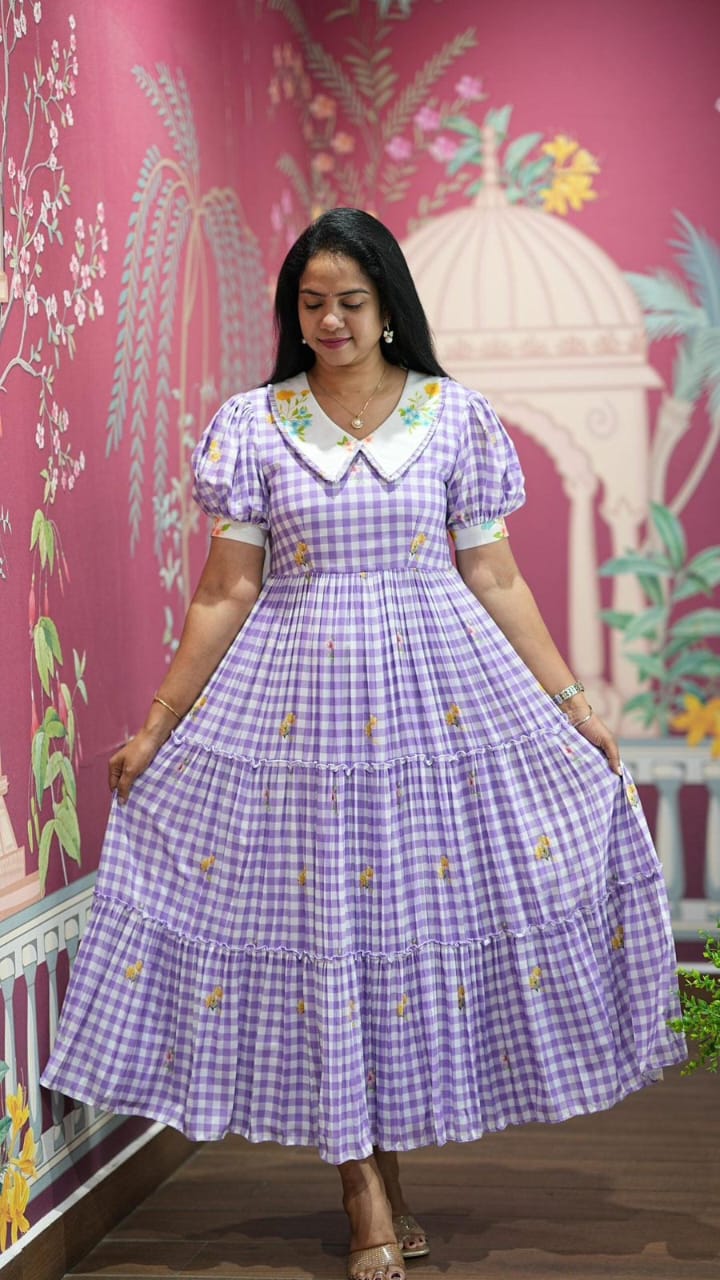 These beautiful Maxi's are just so adorable Chic and comfortable for this summer season classic Chex print in Soft Cotton Fabric with beautiful floral details  playful sleeves unique neckline's
