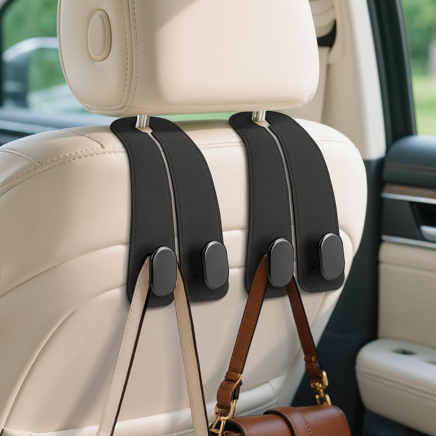 2 Pack Car Seat Headrest Double Hooks Leather Car Back Seat Headrest Hooks for Purses, Bags and Handbags, Car Organization Accessories