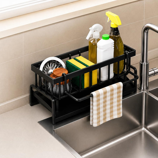 Kitchen Sink Organiser with Drain Tray, Countertop Storage Rack for Dish Soap Sponge Scrubber, Metal Wire Design, Black