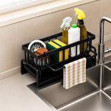 Kitchen Sink Organiser with Drain Tray, Countertop Storage Rack for Dish Soap Sponge Scrubber, Metal Wire Design, Black