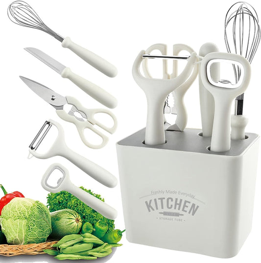Stainless Steel 6-Piece Kitchen Gadgets Set, Kitchen Scissors, Kitchen Utensils Set with Holder, Paring Knife, Whisk, Bottle Opener, Peeler- Anti-Slip Handle, Decorative Base