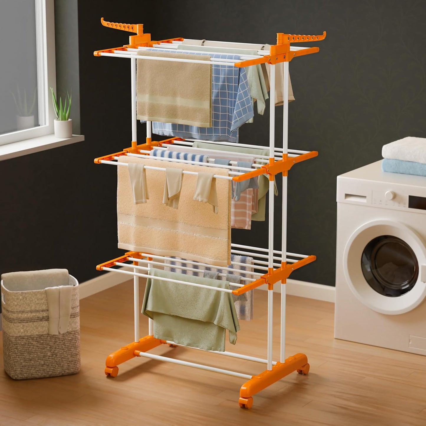 Happer Premium Clothes Stand for Drying with Wheels | Portable | 3 Layer Rack for Balcony | Foldable Wings | 24 Hanger Rods | Anti Rust Steel Metal (Orange | Prince Jumbo)