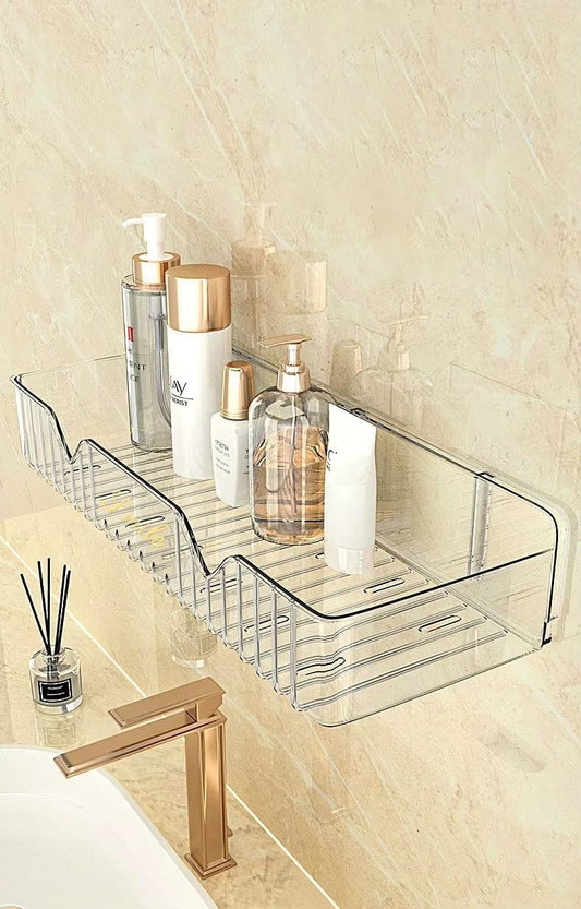 Transparent Acrylic Bathroom Shelf | No Drill Wall Mounted Organizer Heavy Duty Self Adhesive Shower for Shampoo, Conditioner, Skincare Rustproof Clear Storage Rack Bathroom, Wash Basin