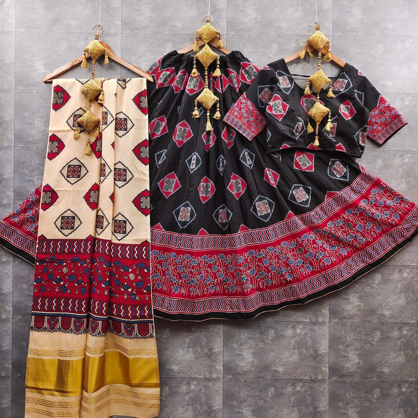 gaji modal lagdi patta duppata and ajrak choli   New arrivals   Maslin silk lehnga
