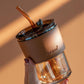 Glass Sipper Tumbler Lid and Straw Coffee Tumbler Tea Coffee Mugs with Leather Sleeve Cup and Mug for Kids Milk Juice Mug for Water Drinking Sipper,400 ML (1 PCS Brown)