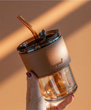 Glass Sipper Tumbler Lid and Straw Coffee Tumbler Tea Coffee Mugs with Leather Sleeve Cup and Mug for Kids Milk Juice Mug for Water Drinking Sipper,400 ML (1 PCS Brown)