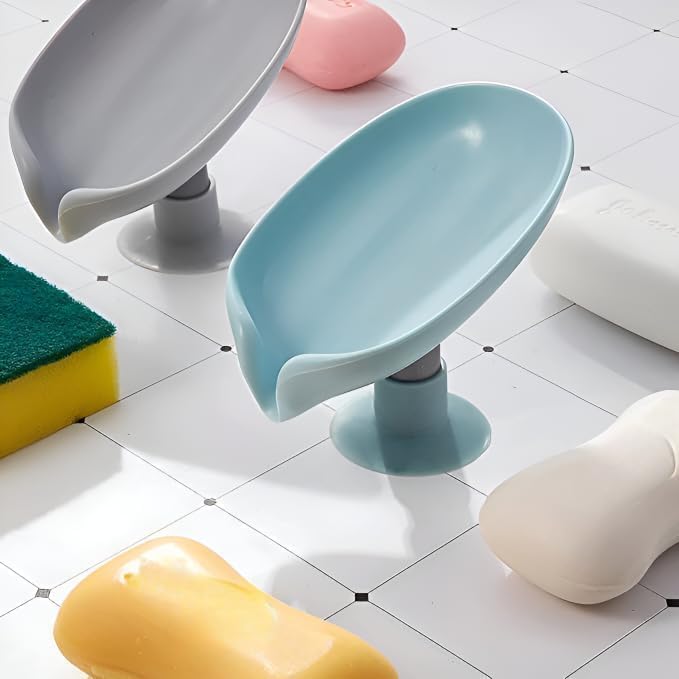 2 PCS Soap Stand Leaf Shape Self-Draining Soap Dish Holder – Suction Cup Soap Tray with Water Drainage for Bathroom, Kitchen Sink, Washbasin, Shower, Plastic Portable Soap Box (Multicolor)