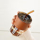 SKDBPM Reusable Glass Coffee Sipper Mugs with Lid & Straw Pack of 1, 400ml Multipurpose Drinking Glasses Tumbler with Leather Sleeve Cup for Juice Smoothies Iced Tea Home & Travel