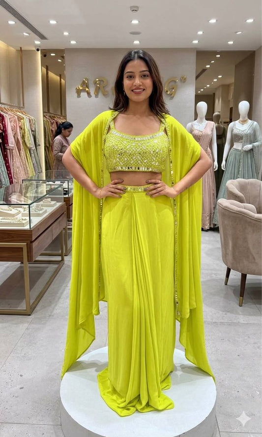THIS WEDDING SEASON WEAR OUR BEAUTIFUL 3 PIECE WITH REAL MIRROR WITH  EMBROIDERED BLOUSE, SKIRT AND LONG SHRUGE