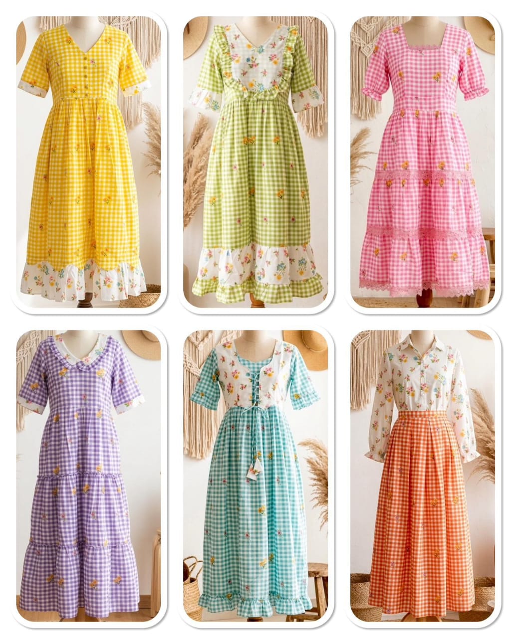These beautiful Maxi's are just so adorable Chic and comfortable for this summer season classic Chex print in Soft Cotton Fabric with beautiful floral details  playful sleeves unique neckline's