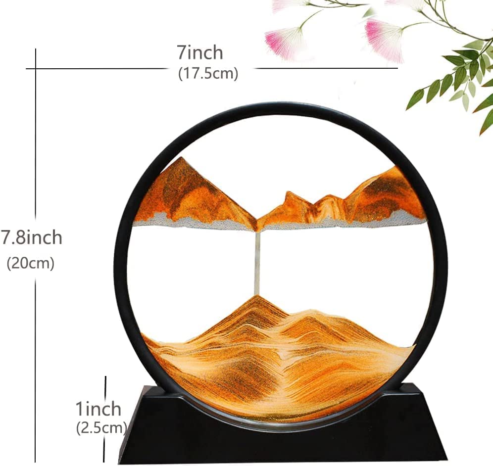 MOROVIK 3D Yellow Dynamic Sand Art Liquid Motion,Moving Sand Art Picture Round Glass 3D Deep Sea Sandscape in Motion Display Flowing Sand Frame Relaxing Desktop Home Office Work Decor (7 in) (Yellow)