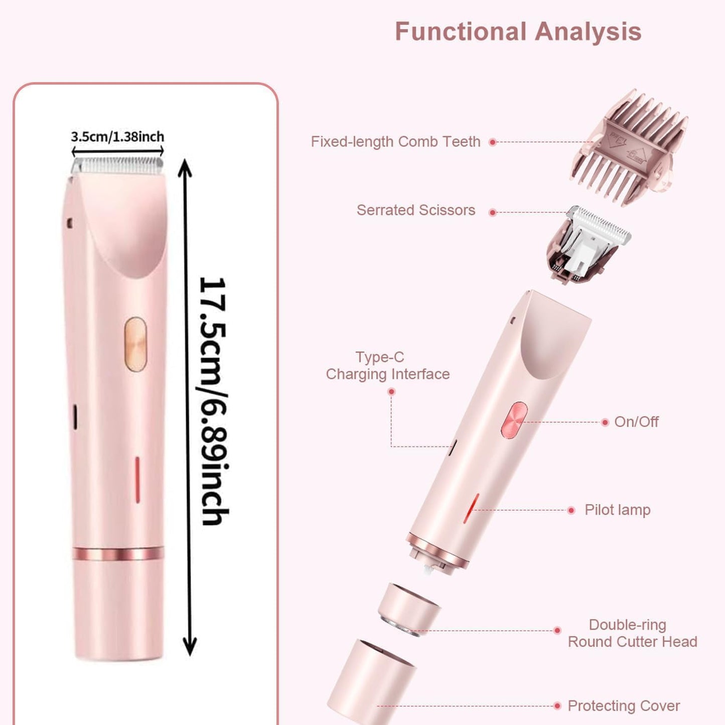 Portable Women’s Electric Shaver & Trimmer – Dual Head Hair Remover for Face, Bikini, Underarms & Legs, USB Type-C Rechargeable, Painless, Waterproof, Pink