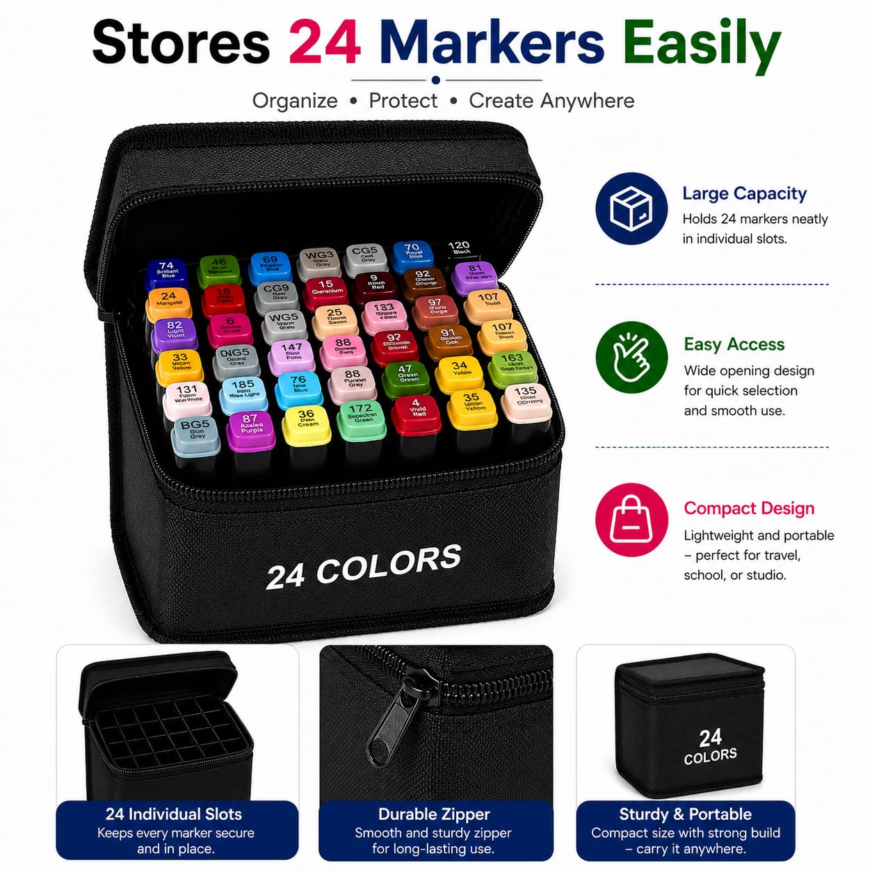 Dual Tip Colorful Art Markers Sketch Pens Colors With Carrying Case For Painting Sketching Calligraphy Drawing -Twin Head Permanent Colouring Marker Pens (Pack OF 1) (Marker Black 24)
