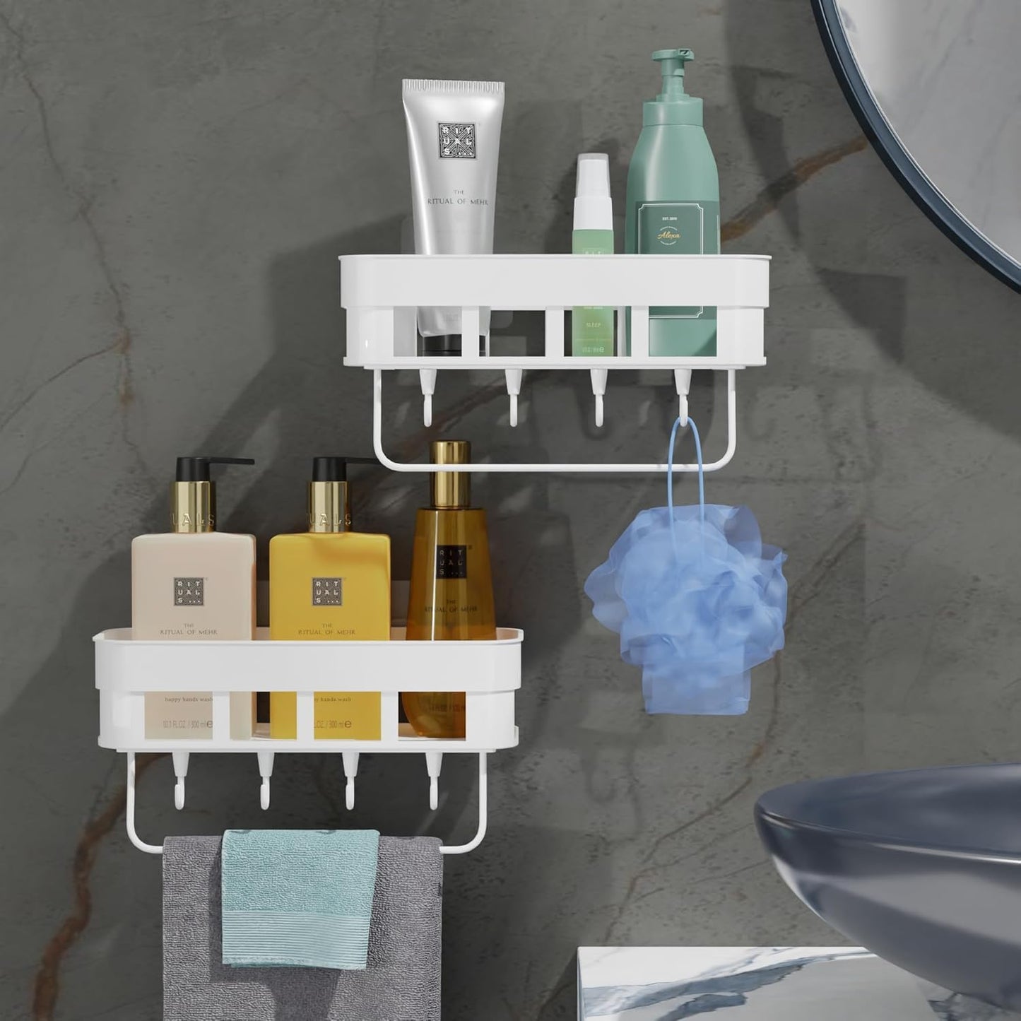 Bathroom Storage Shelf Wall Mounted Self Adhesive No Drill with Hooks | Waterproof Plastic Organizer Rack for Shower & Kitchen (White, Pack of 1)
