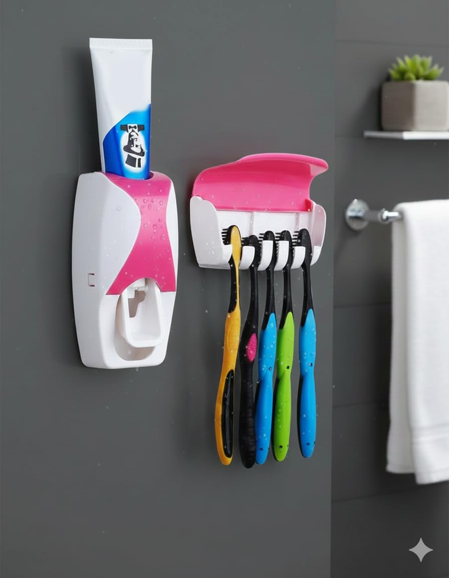 Automatic Toothpaste Dispenser and 5 Toothbrush Holder Fresh ABS Plastic Dust-Proof Wall Mounted with Cover Storage Stand for Home Bathroom (Multi Colors)