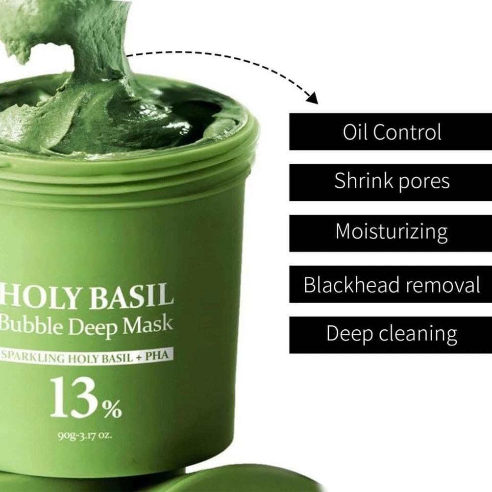 Holy Basil Bubble Deep Mask 90g – Korean Clay Fizzing Wash-Off Pack with Carbonated Water for Pore Cleansing, Blackhead Removal & Deep Skin Purification for Unisex