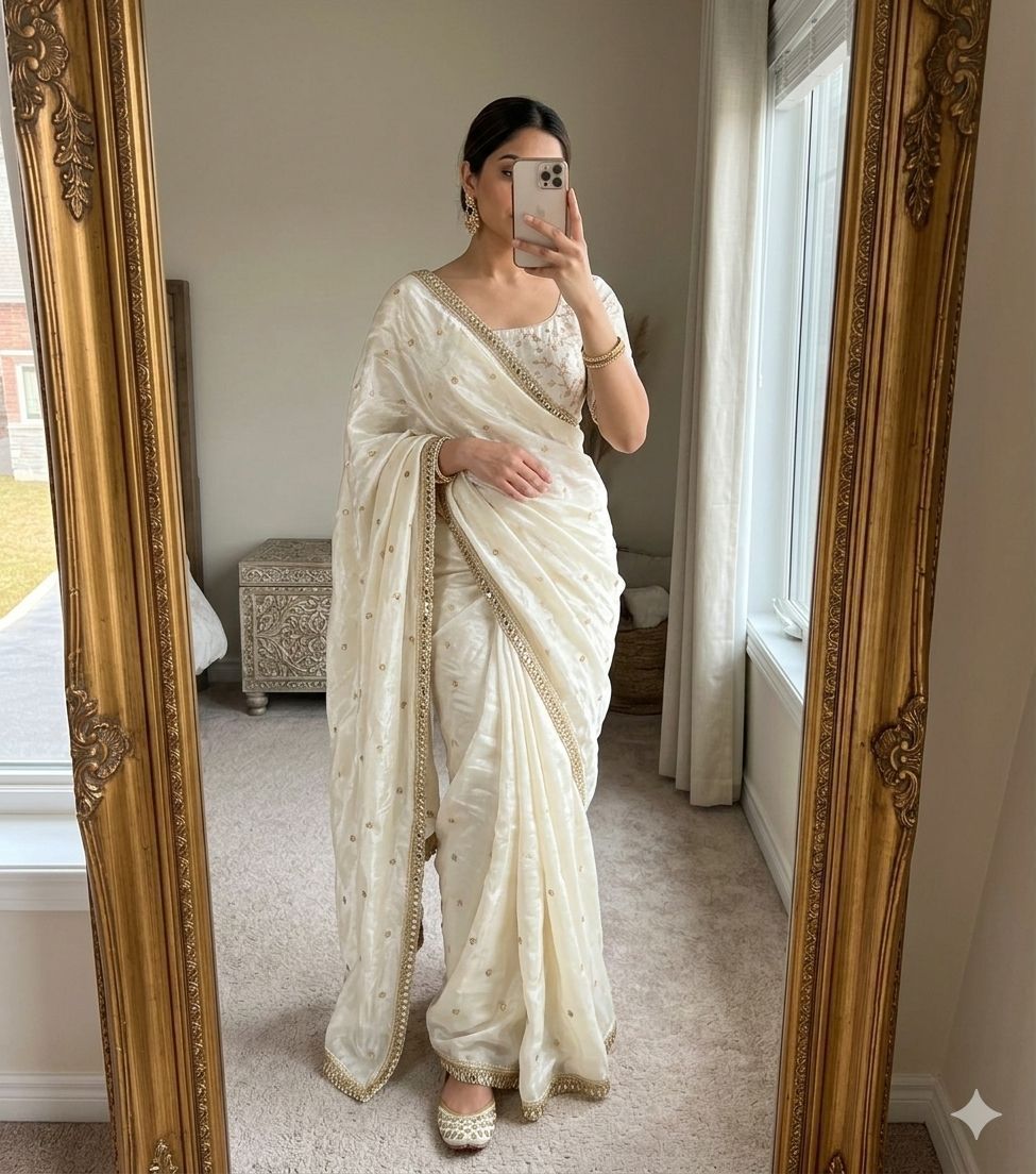 Space Sattin Multi Sequence Full Worked Saree With Original Mirror Lace & Havey Sequence Full Worked Blouse