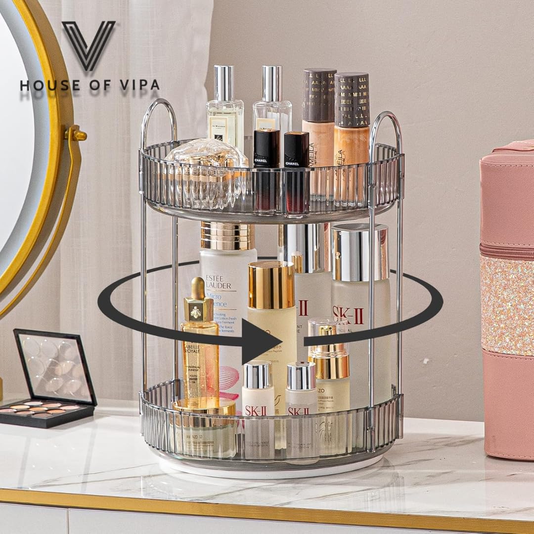 360° Rotating Makeup Organizer Box - Cosmetic Storage with Drawers, Plastic Makeup Holder Stand for Dressing Table, Lipsticks, Nail Polishes & Accessories (Light Gray, 2 Layer)