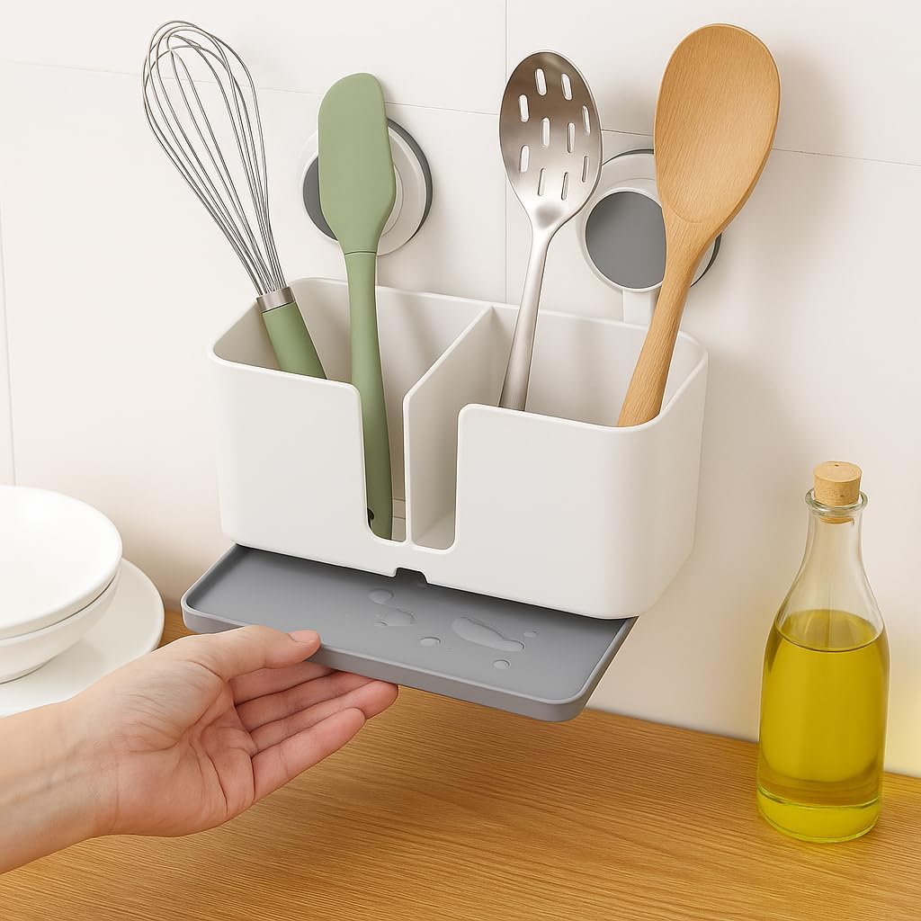 ABS Plastic Self Adhesive Magic Sticker Toothbrush Holder Wall Mounted for Bathroom with Drain Tray for Bathroom/Kitchen Spoon Holder/Toothbrush Holders for Bathroom
