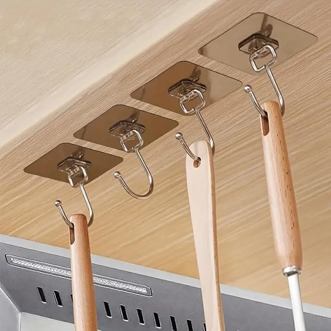 Pack of 10 Self Adhesive Large Hooks for Wall, Nail Free Stainless Big Hooks for Wall Without Drilling | Reusable & Transparent wall Hooks for Hanging Strong 5kg | Heavy Duty Wall Hooks