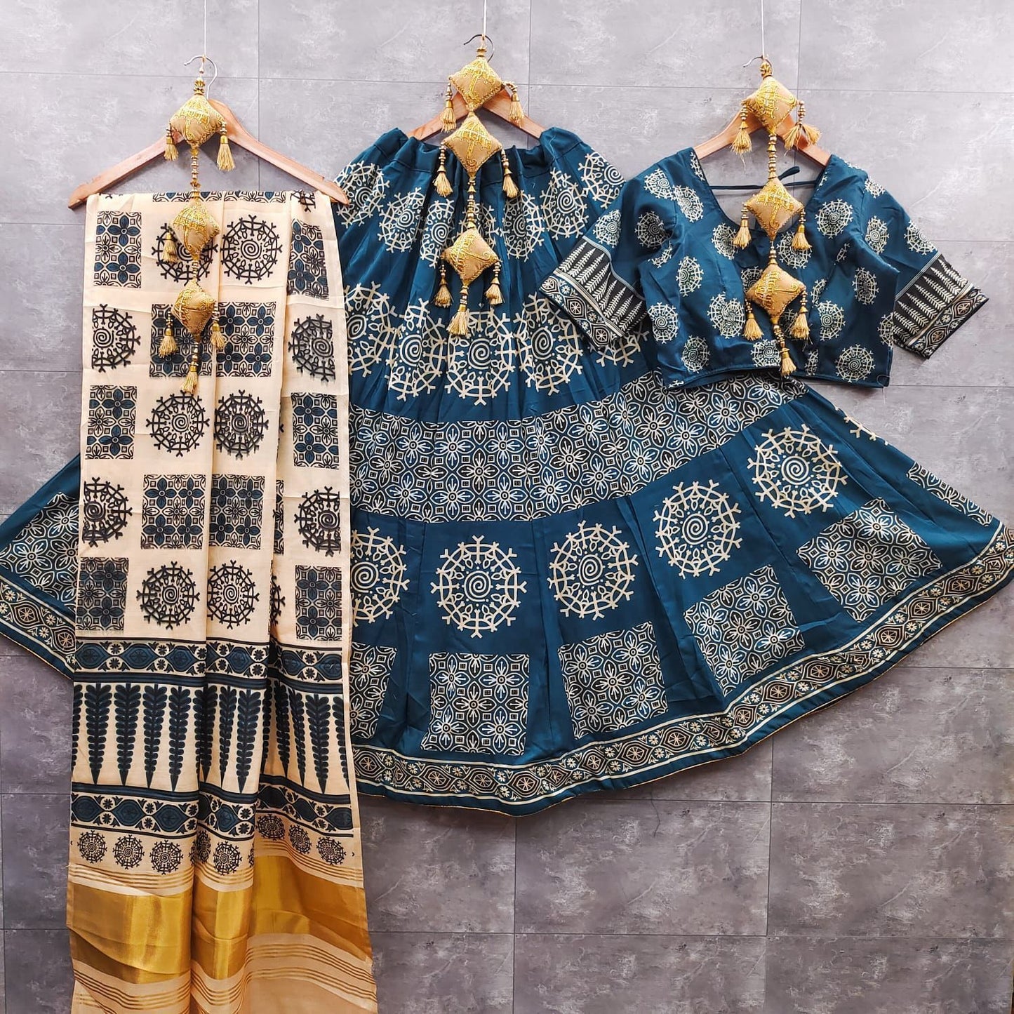gaji modal lagdi patta duppata and ajrak choli   New arrivals   Maslin silk lehnga