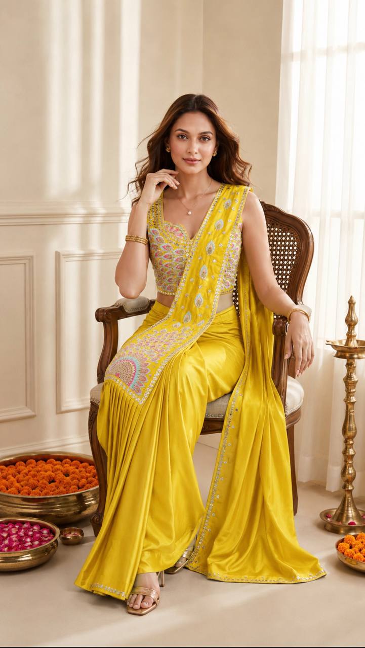 Get festive ready in our new Trending Stylish Ready to Wear Saree set  With Embroidery Work detailing.
