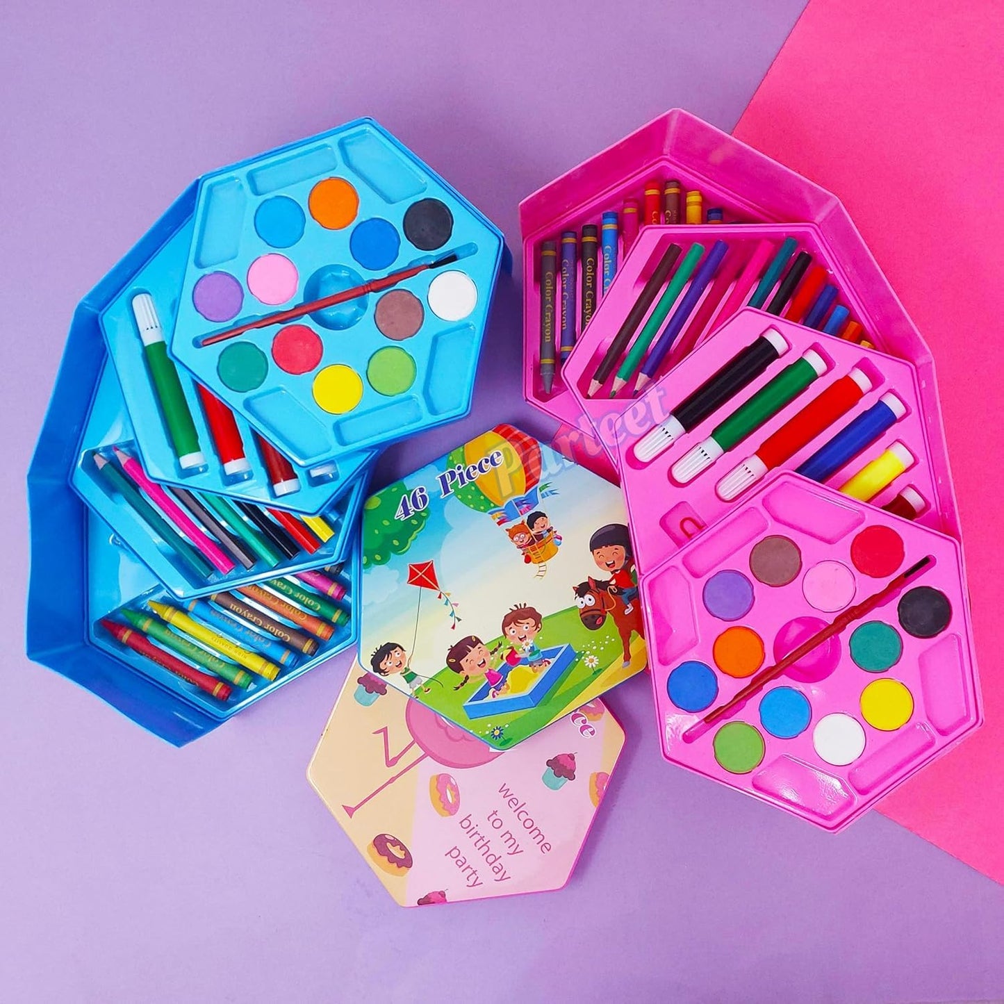 AMIRATE Colors Box Color Pencil,Crayons, Water Color, Sketch Pens Set of 46 Pieces (Color & Design for Kids)(Pack of 1) MULTY COLOR- blue & pink