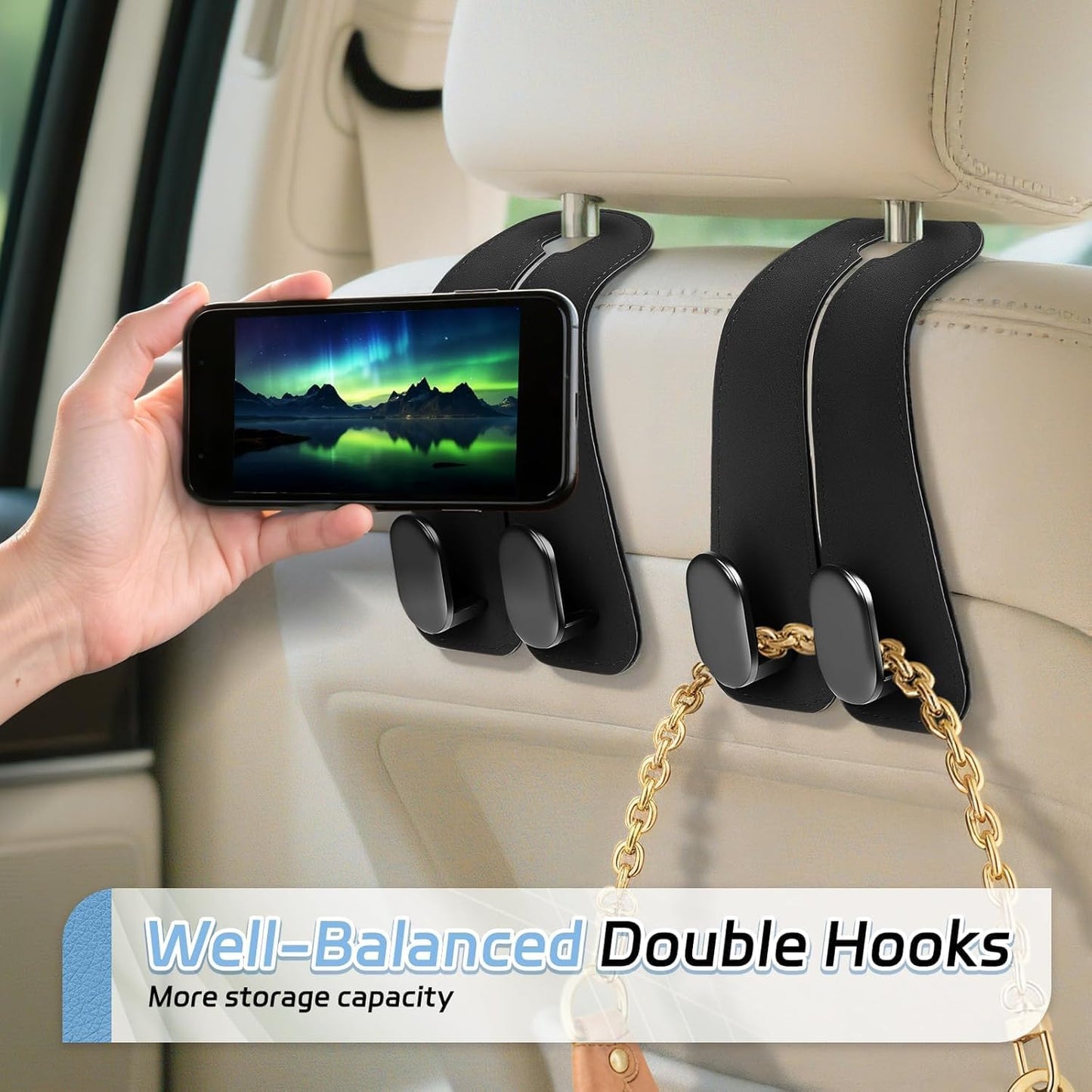 2 Pack Car Seat Headrest Double Hooks Leather Car Back Seat Headrest Hooks for Purses, Bags and Handbags, Car Organization Accessories