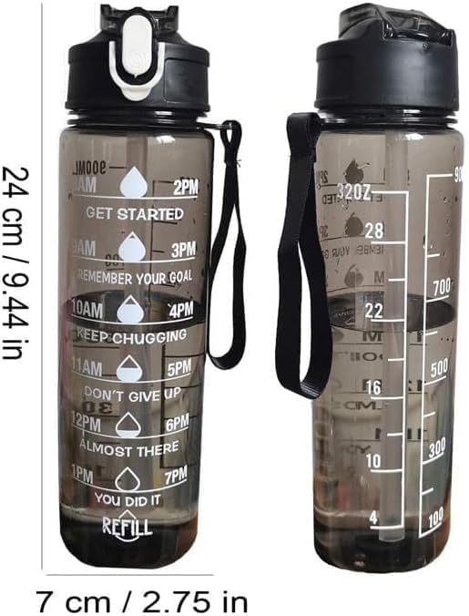 Transparent Motivational Water Bottle 900ML with Time Marker, Leakproof BPA Free Sipper Bottle for Gym, Office, School & Outdoor Use