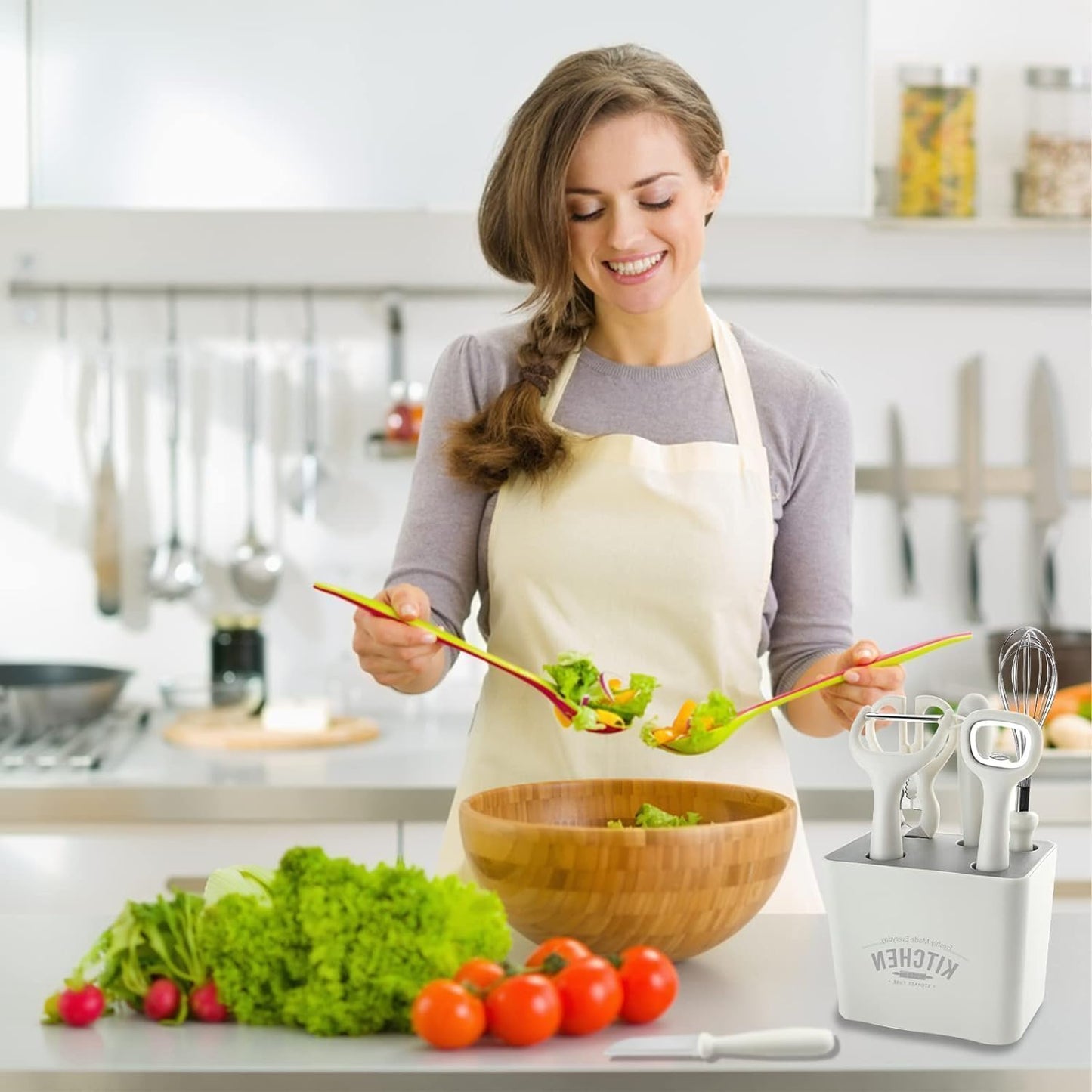 Stainless Steel 6-Piece Kitchen Gadgets Set, Kitchen Scissors, Kitchen Utensils Set with Holder, Paring Knife, Whisk, Bottle Opener, Peeler- Anti-Slip Handle, Decorative Base