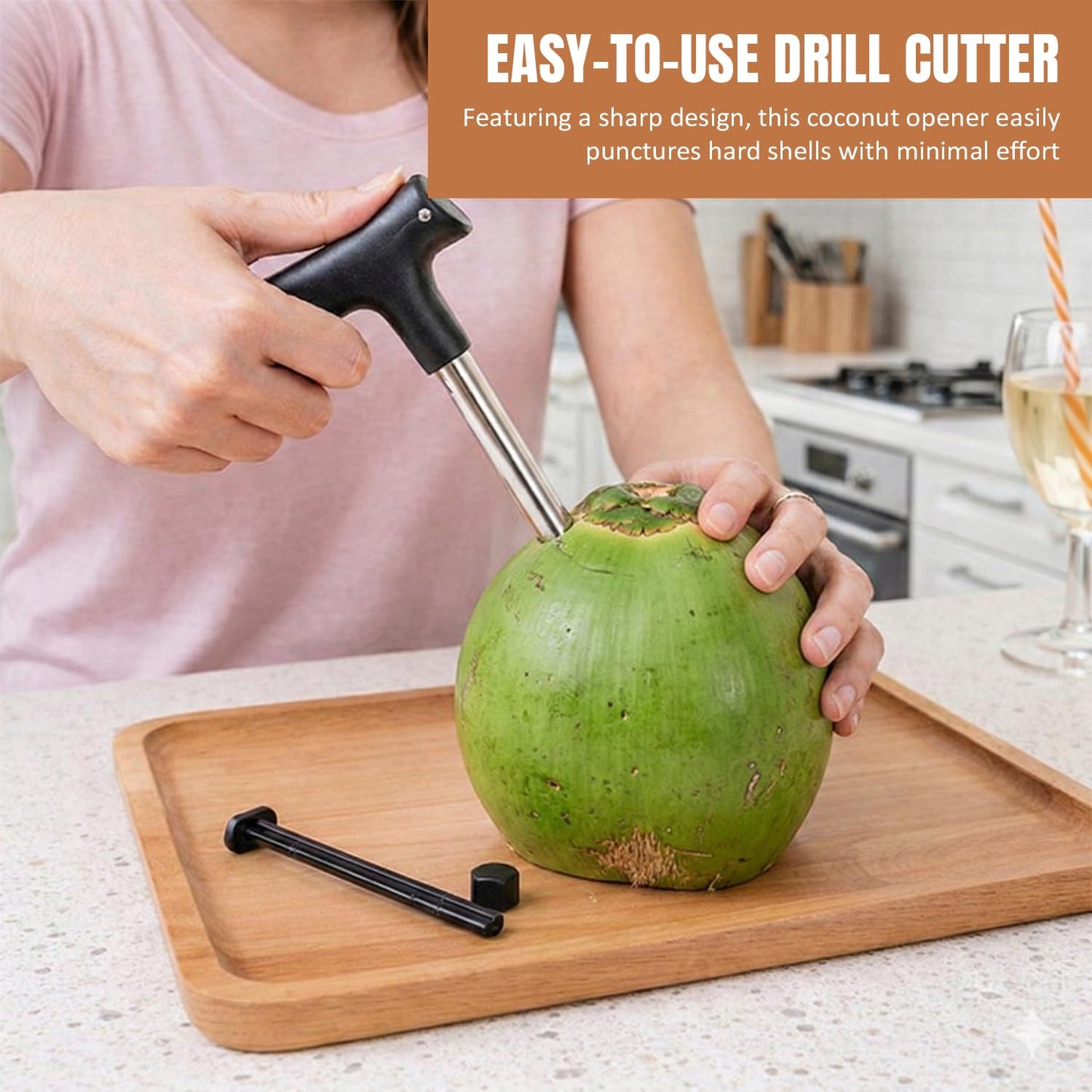 Oblivion Stainless Steel Coconut Opener 1 Pc – Quick & Easy Cracking Tool with Drill Cutter, Cleaning Stick, Effortless Fresh Water Extraction Kit, Durable Professional Hole Maker & Tap Cleaner
